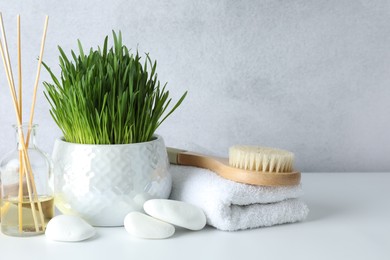 Photo of Spa composition with wheatgrass on white table. Space for text