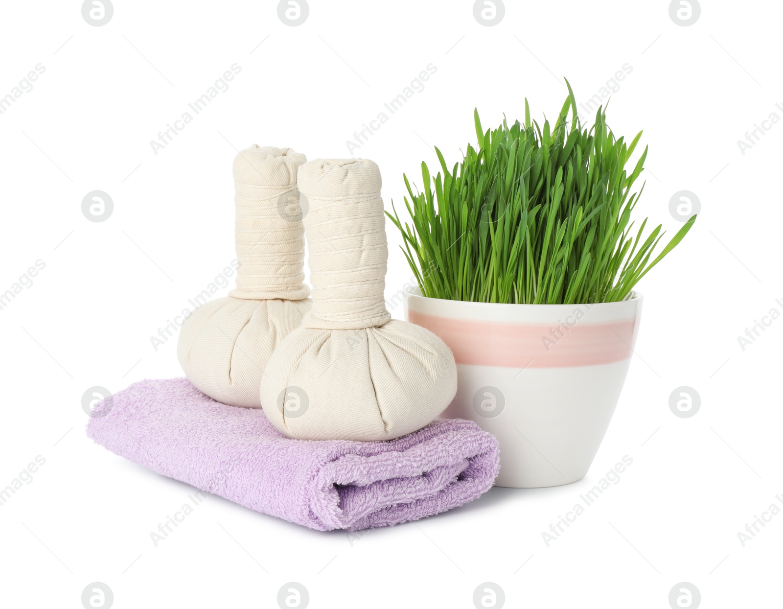 Photo of Spa composition with wheatgrass and herbal bags isolated on white