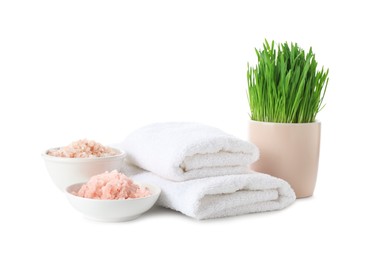 Photo of Spa composition with wheatgrass isolated on white