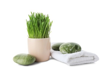 Photo of Spa composition with wheatgrass isolated on white