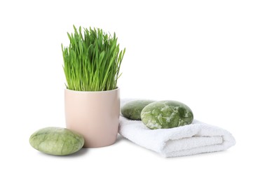 Photo of Spa composition with wheatgrass isolated on white