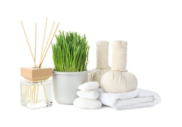 Photo of Spa composition with wheatgrass and herbal bags isolated on white