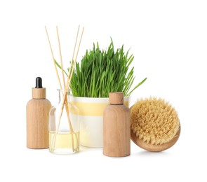 Photo of Spa composition with wheatgrass isolated on white