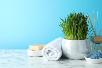 Photo of Spa composition with wheatgrass on white marble table against light blue background. Space for text