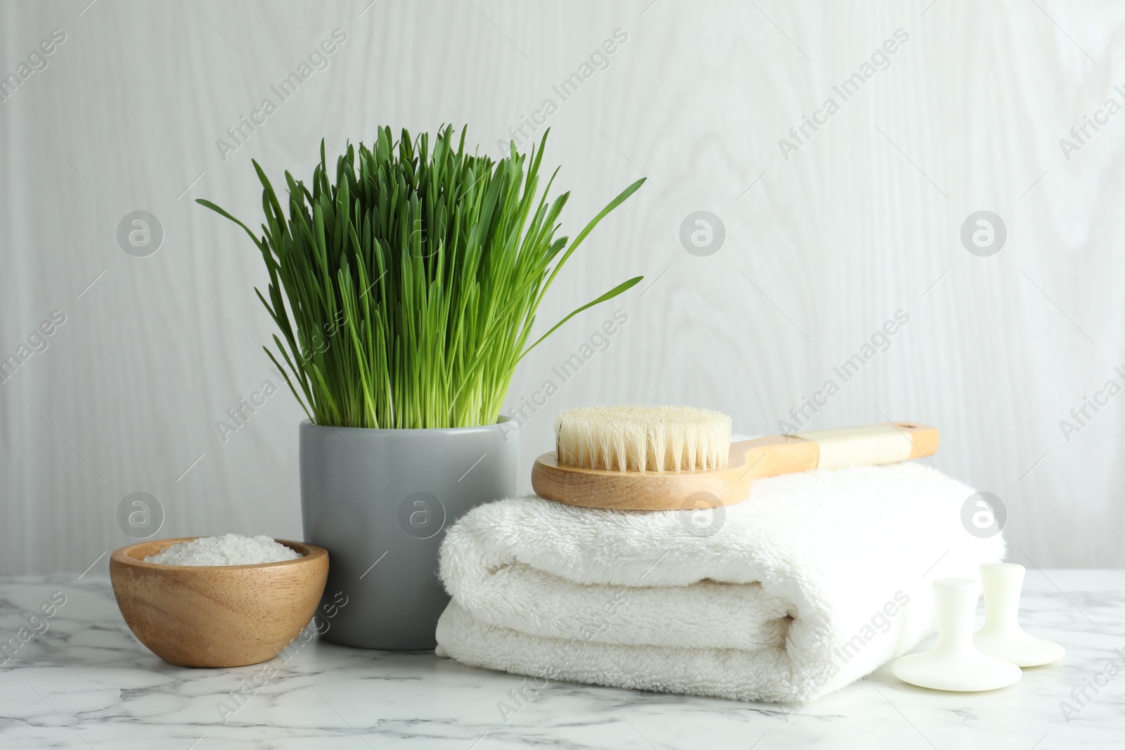 Photo of Spa composition with wheatgrass on white marble table. Space for text