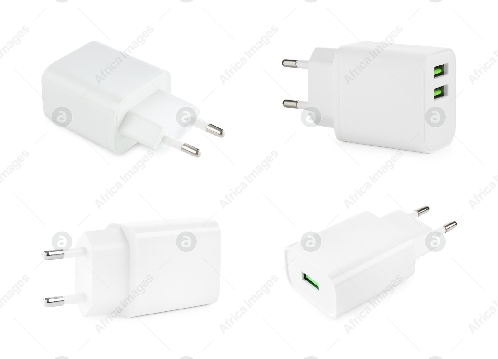 Image of USB power adapters (charger) isolated on white, set