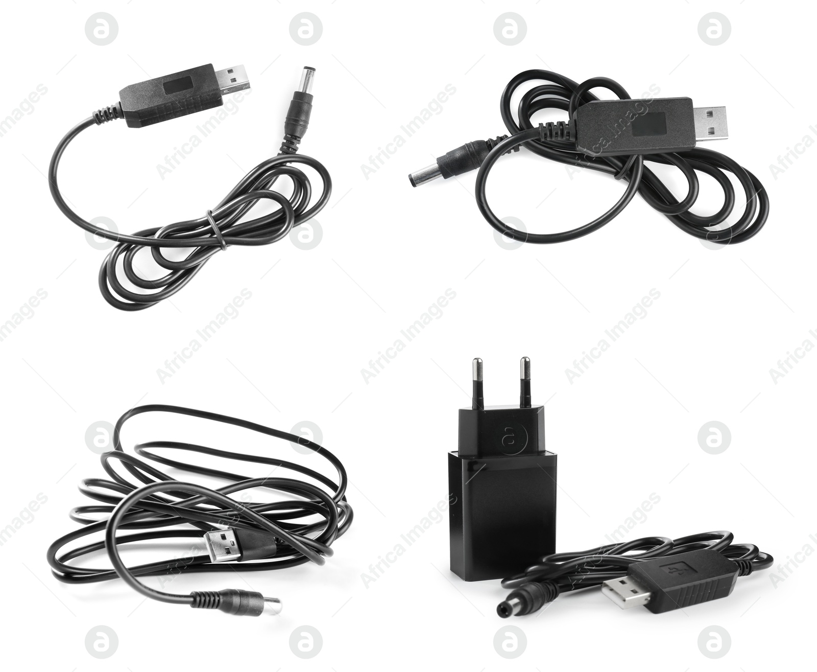 Image of USB charge cable and power adapter on white background, set