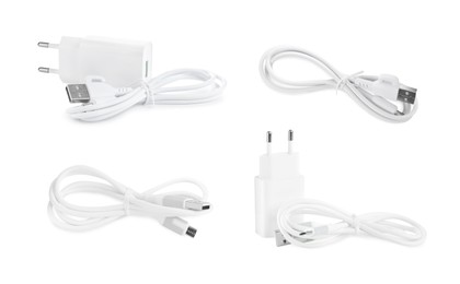 Image of USB charge cable and power adapter on white background, set