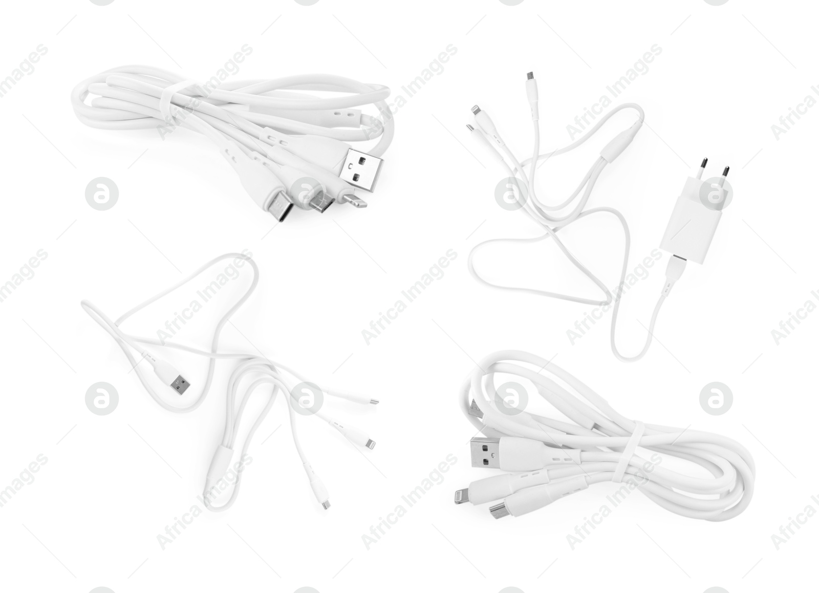 Image of Triple charge cable and USB power adapter on white background, set