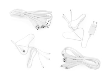 Image of Triple charge cable and USB power adapter on white background, set