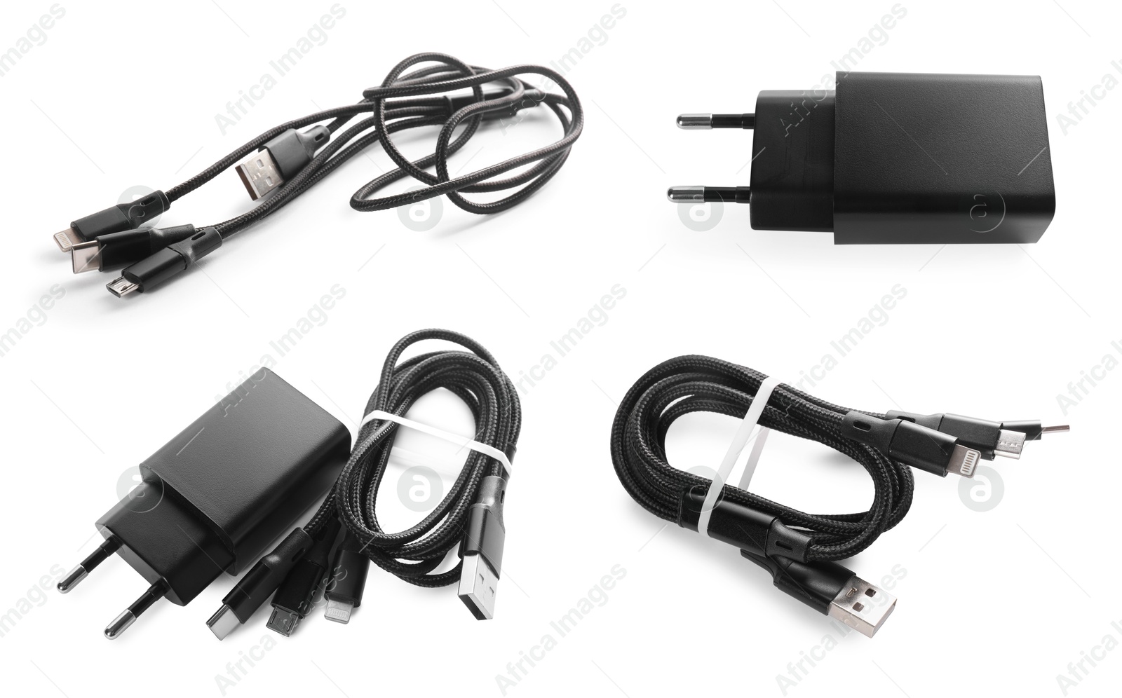 Image of USB triple charge cable and power adapter on white background, set