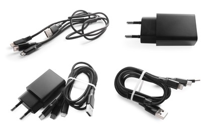 Image of USB triple charge cable and power adapter on white background, set