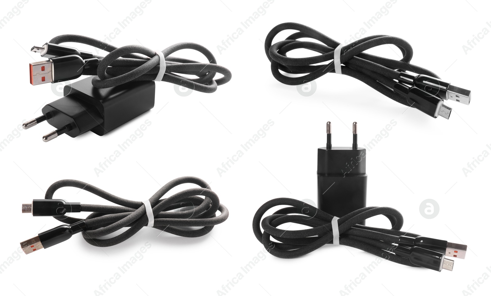 Image of USB charge cable and power adapter on white background, set