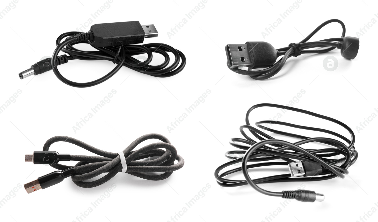 Image of Different USB charge cables on white background, set