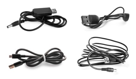 Different USB charge cables on white background, set