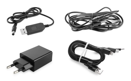 Image of Different USB charge cables and power adapter on white background, set