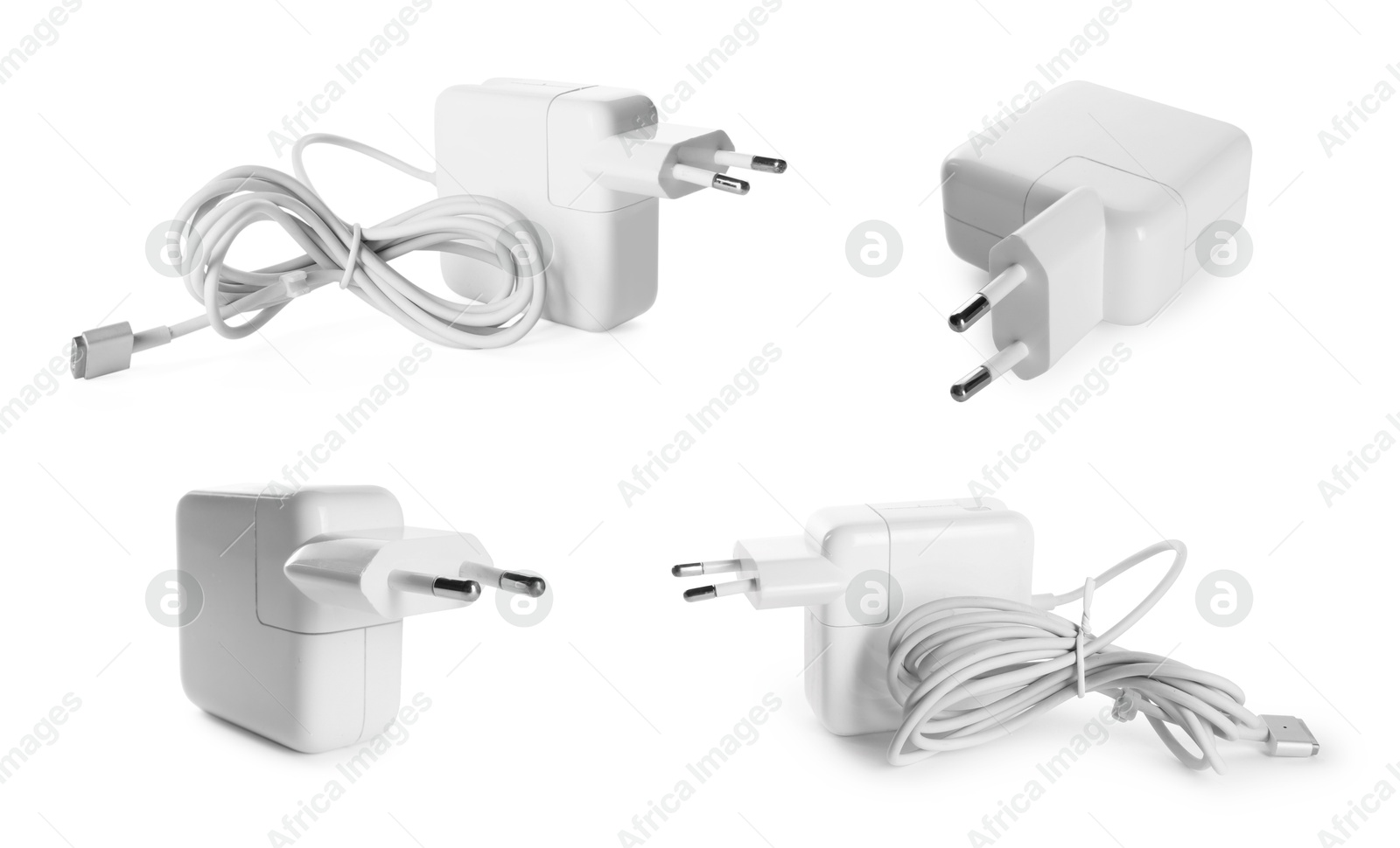 Image of USB charge cable and power adapter on white background, set