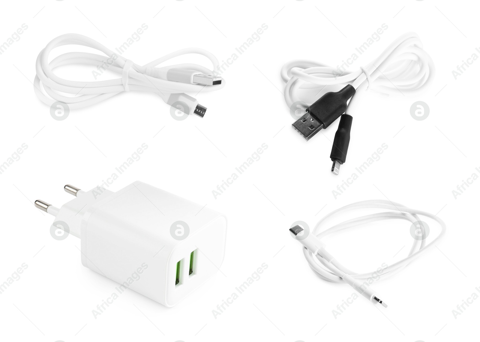 Image of Different charge cables and USB power adapter on white background, set