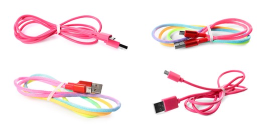 Different USB charge cables on white background, set