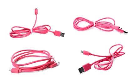 Image of USB charge cable on white background, set