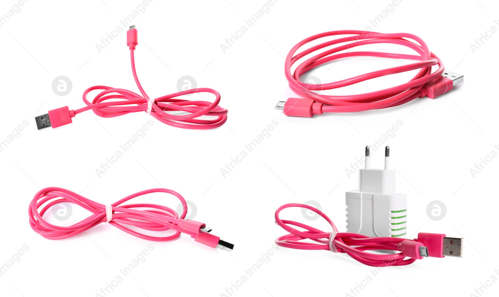 Image of Pink charge cable and USB power adapter on white background, set