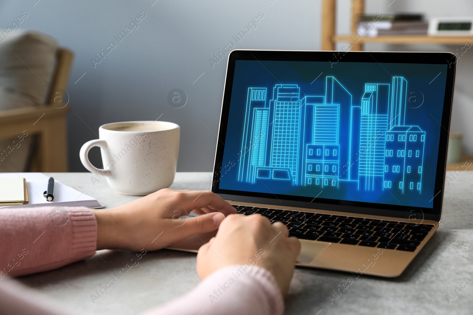 Image of Building information modeling. Woman working at laptop indoors, closeup. Digital project on computer display