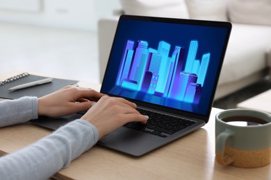 Image of Building information modeling. Woman working at laptop indoors, closeup. Digital project on computer display