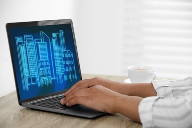 Image of Building information modeling. Woman working at laptop indoors, closeup. Digital project on computer display