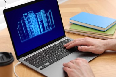 Building information modeling. Man working at laptop indoors, closeup. Digital project on computer display