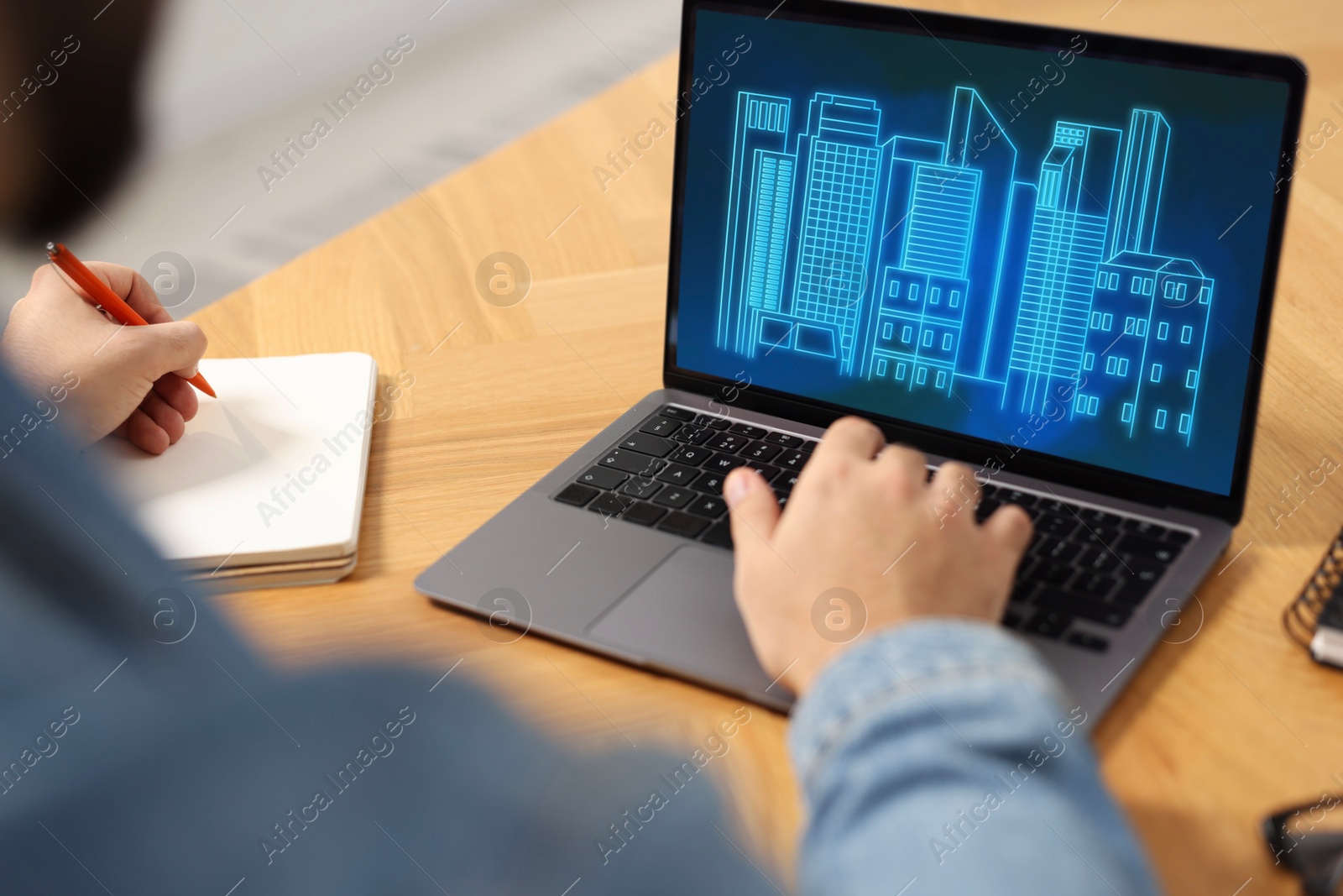 Image of Building information modeling. Man working at laptop indoors, closeup. Digital project on computer display