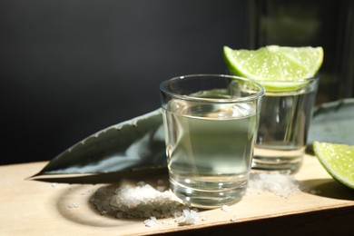 Photo of Tequila shots, slices of lime, salt and agave leaves on wooden table against black background, closeup. Space for text