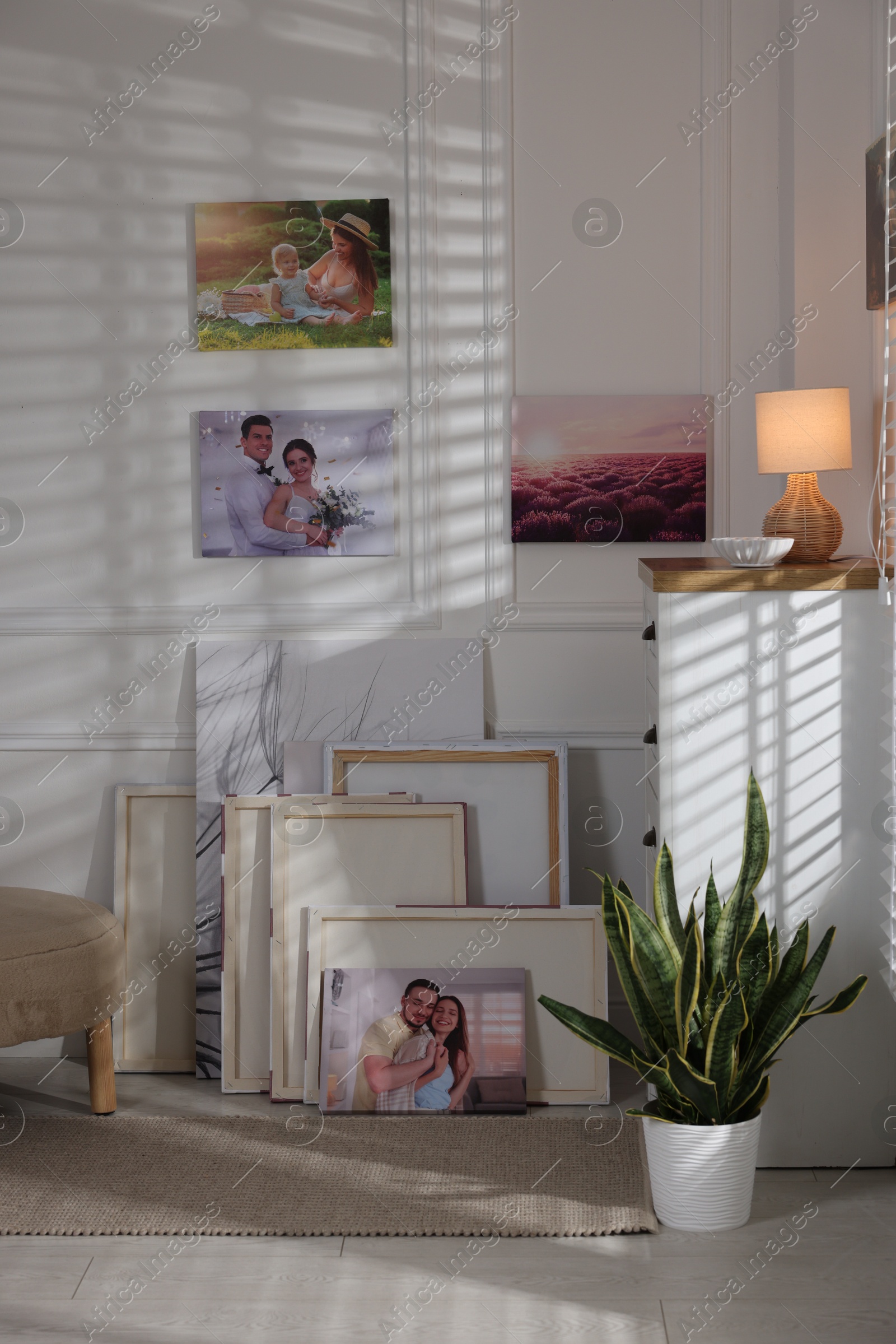 Photo of Canvas with different printed photos on wall indoors