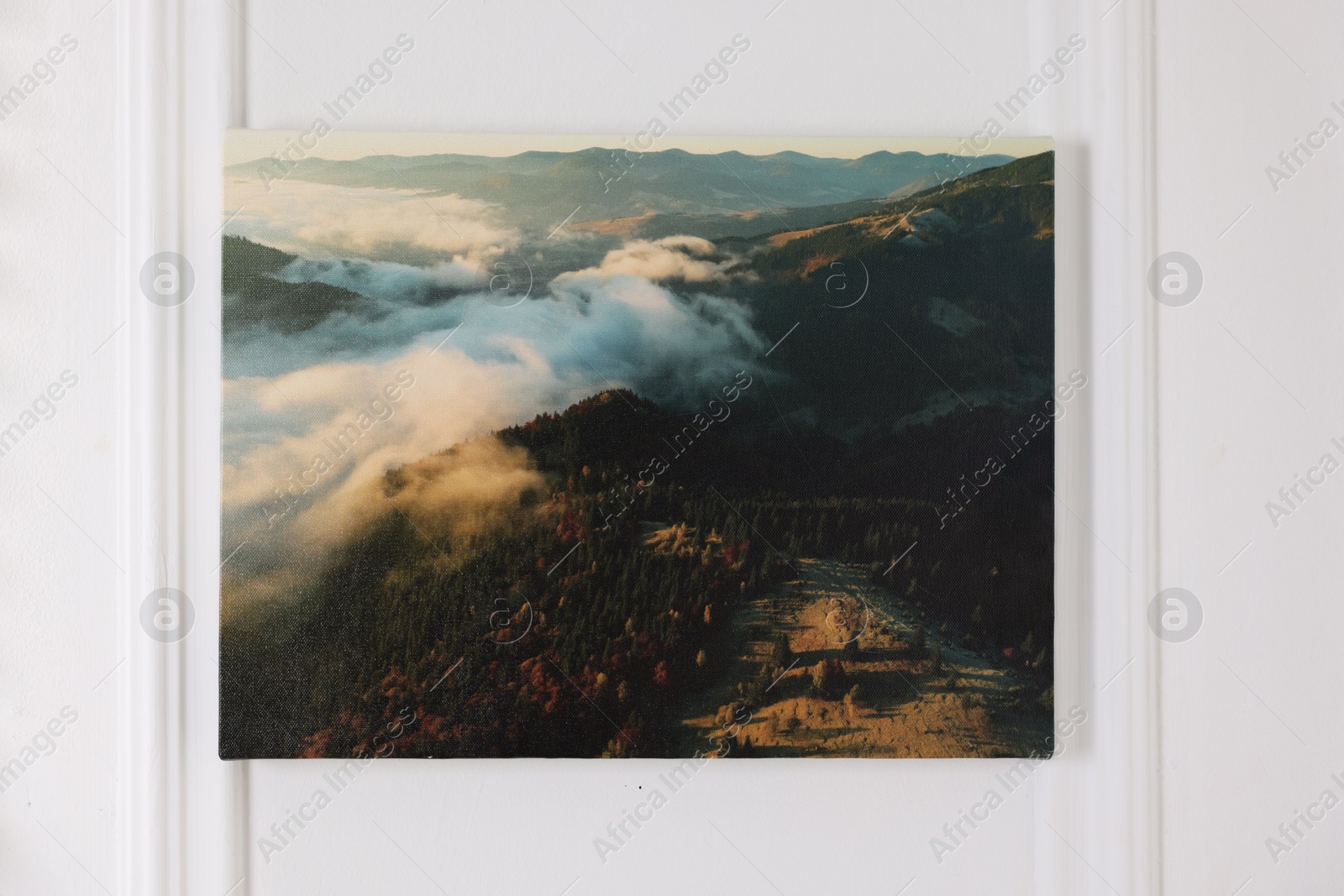 Photo of Canvas with printed photo of mountains on white wall indoors