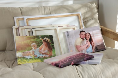 Photo of Canvas with different printed photos on sofa