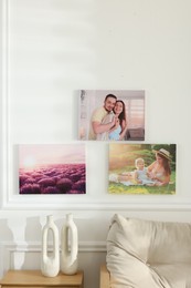 Photo of Canvas with different printed photos on white wall indoors