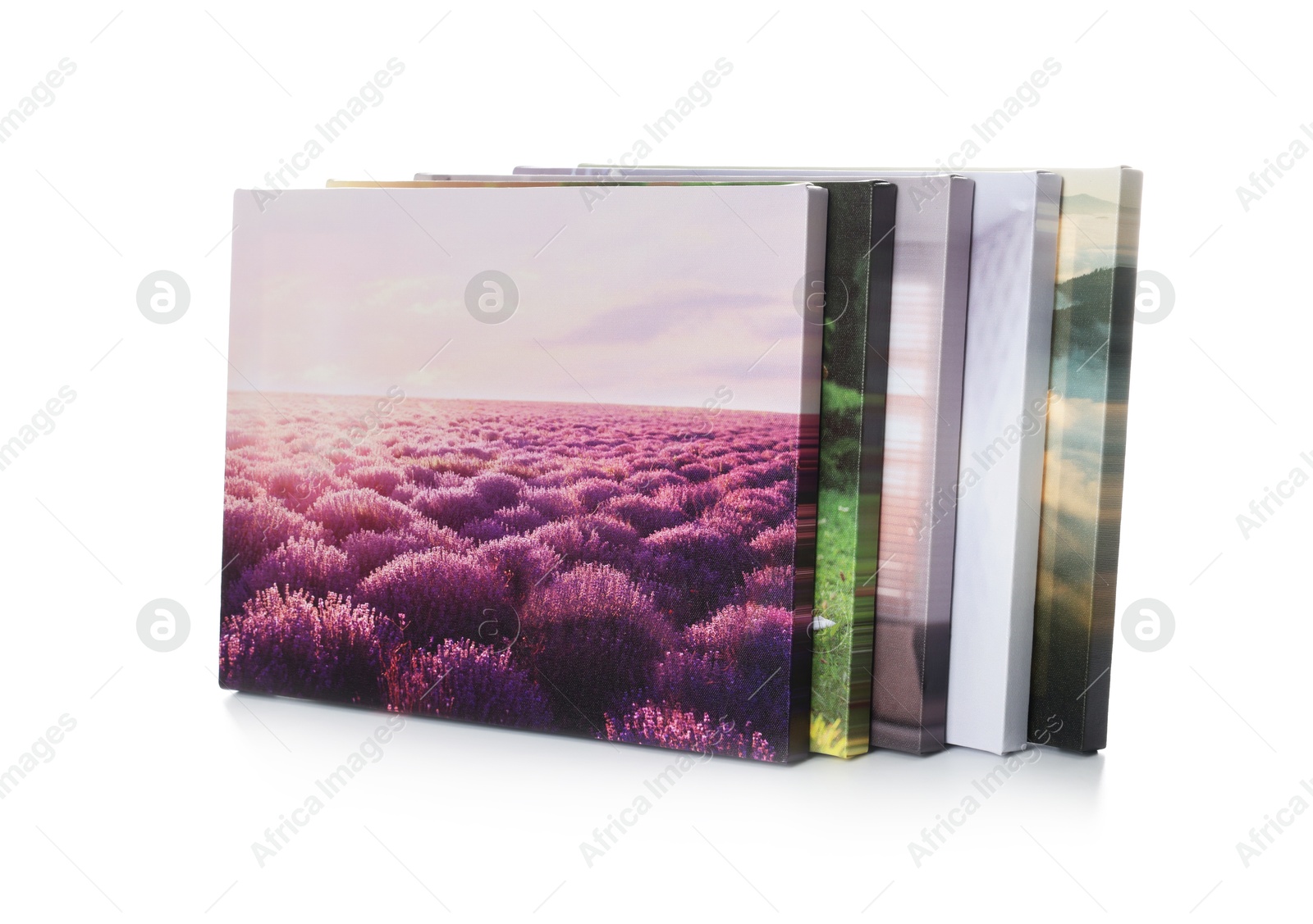 Photo of Canvas with different printed photos isolated on white