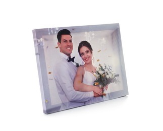 Photo of Canvas with printed photo of happy newlyweds isolated on white