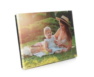 Photo of Canvas with printed photo of happy mother and her little daughter isolated on white