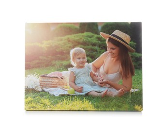 Canvas with printed photo of happy mother and her little daughter isolated on white