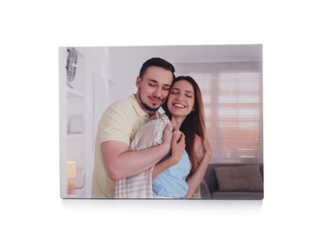 Photo of Canvas with printed photo of happy couple isolated on white