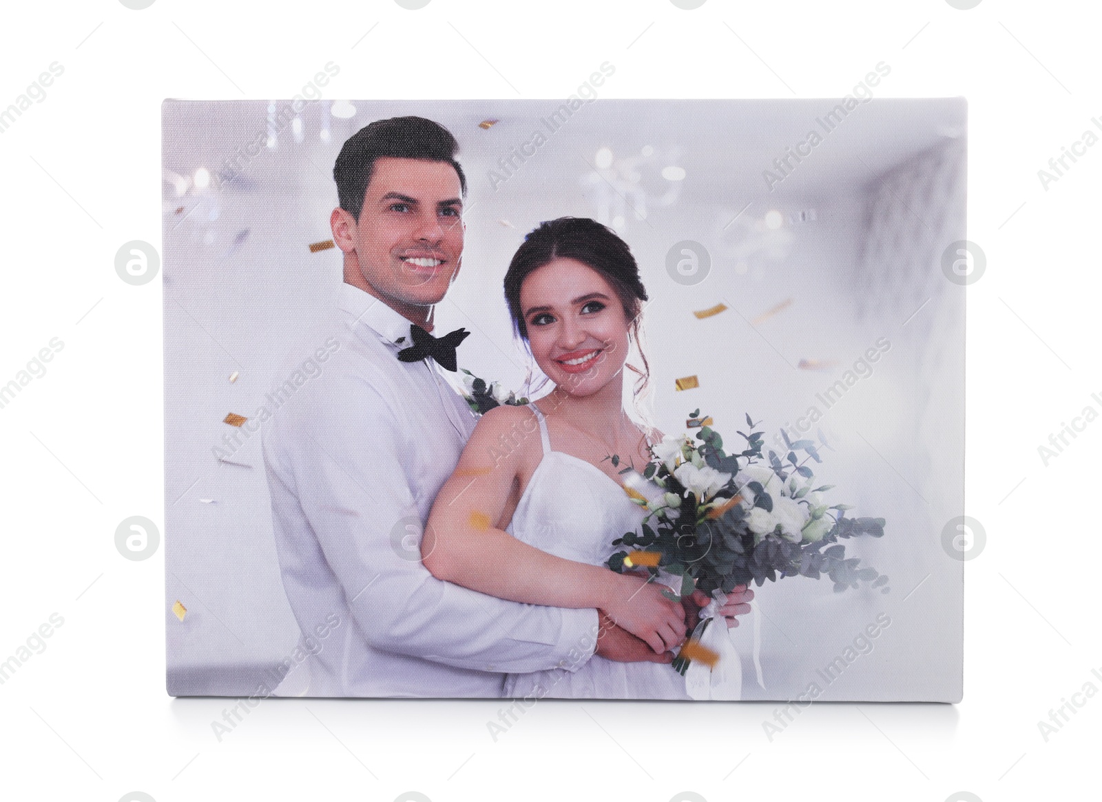 Photo of Canvas with printed photo of happy newlyweds isolated on white