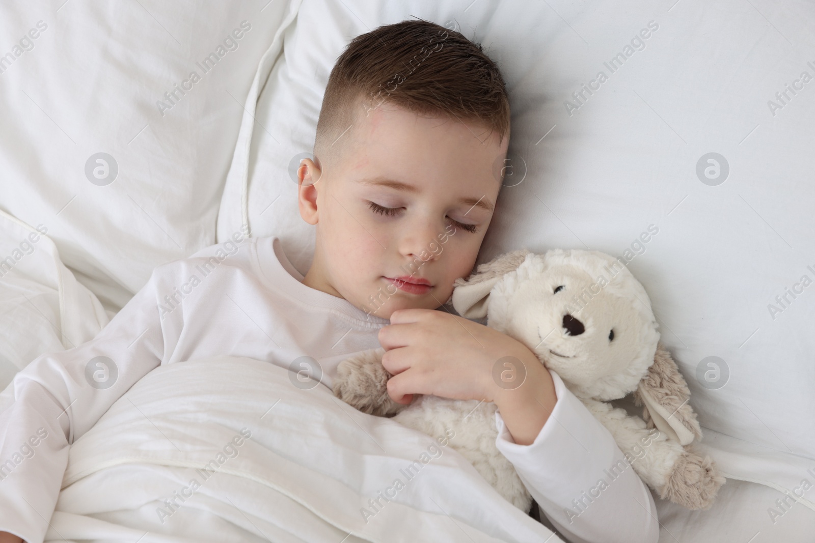 Photo of Bedtime. Cute boy sleeping with toy sheep in bed