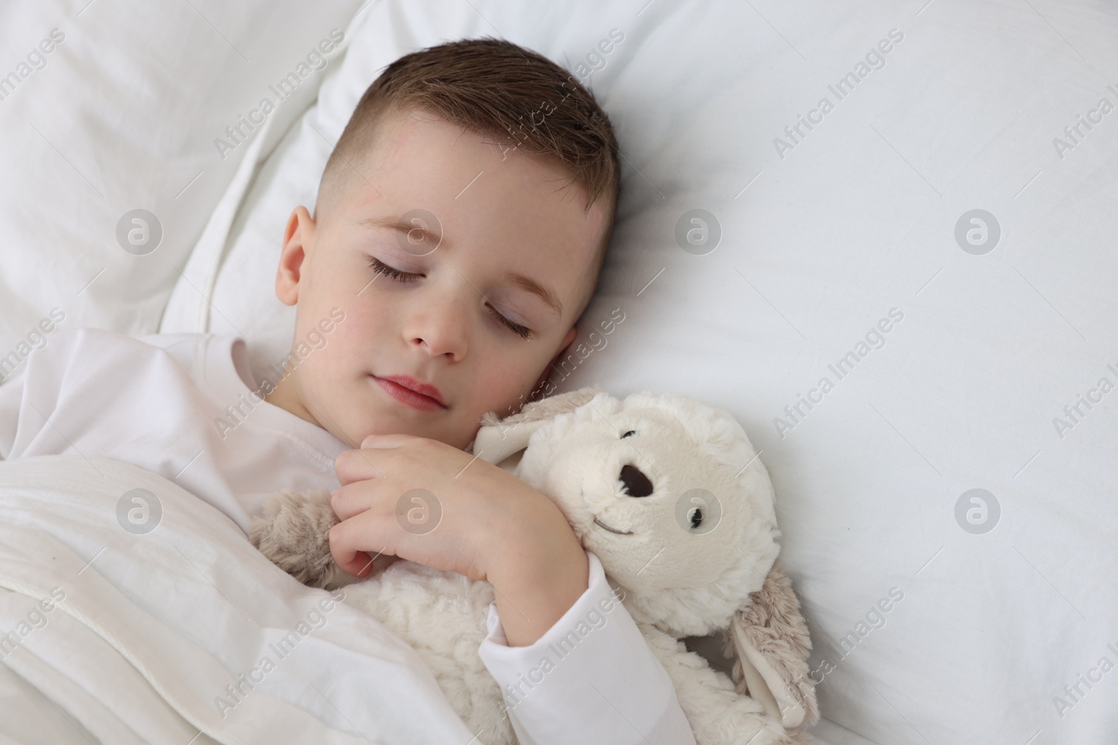 Photo of Bedtime. Cute boy sleeping with toy sheep in bed