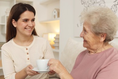 Photo of Granddaughter giving hot drink to her grandmother at home. Elderly care