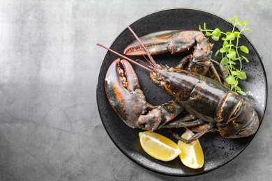 Photo of Raw lobster, pieces of lemon and microgreens on grey textured table, top view. Space for text