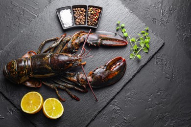 Photo of Raw lobster, cut lemon, microgreens and spices on dark textured table, top view