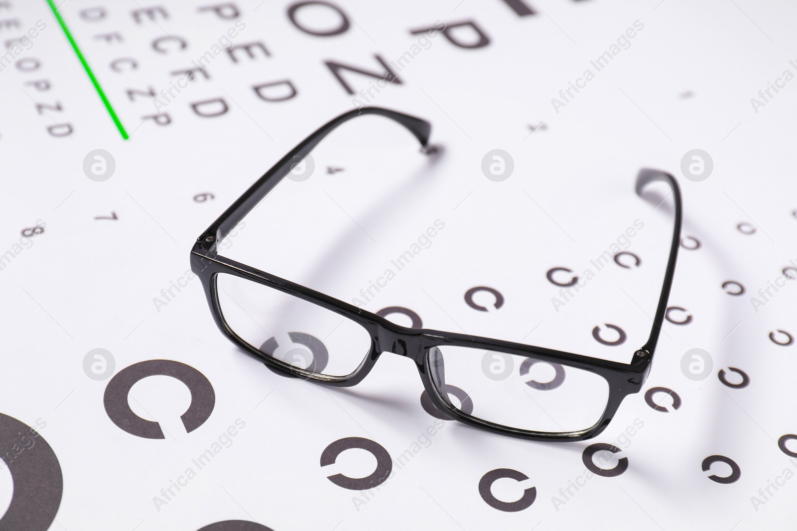 Photo of Glasses on vision test chart, closeup view