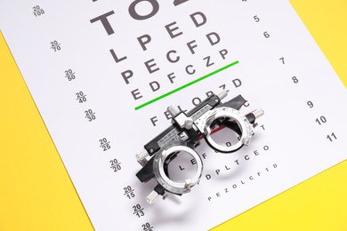 Photo of Vision test chart and trial frame on yellow background, above view