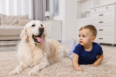 Photo of Little boy with cute dog on carpet at home