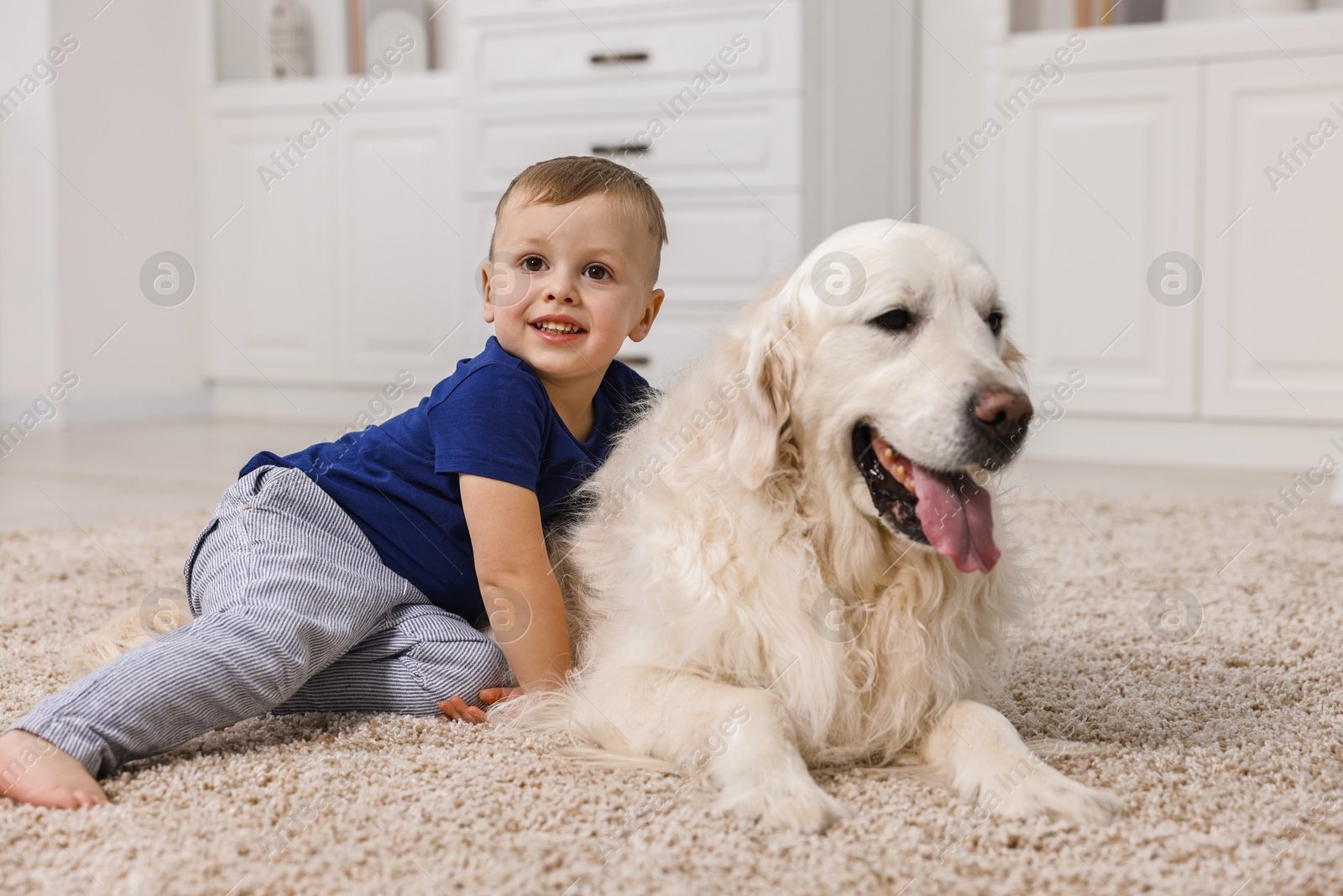 Photo of Happy little boy with cute dog on carpet at home